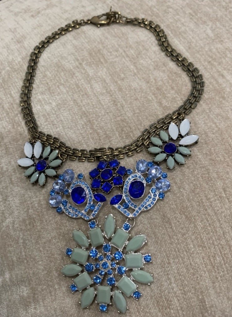 Statement Necklace Antique Look Blue Crystals