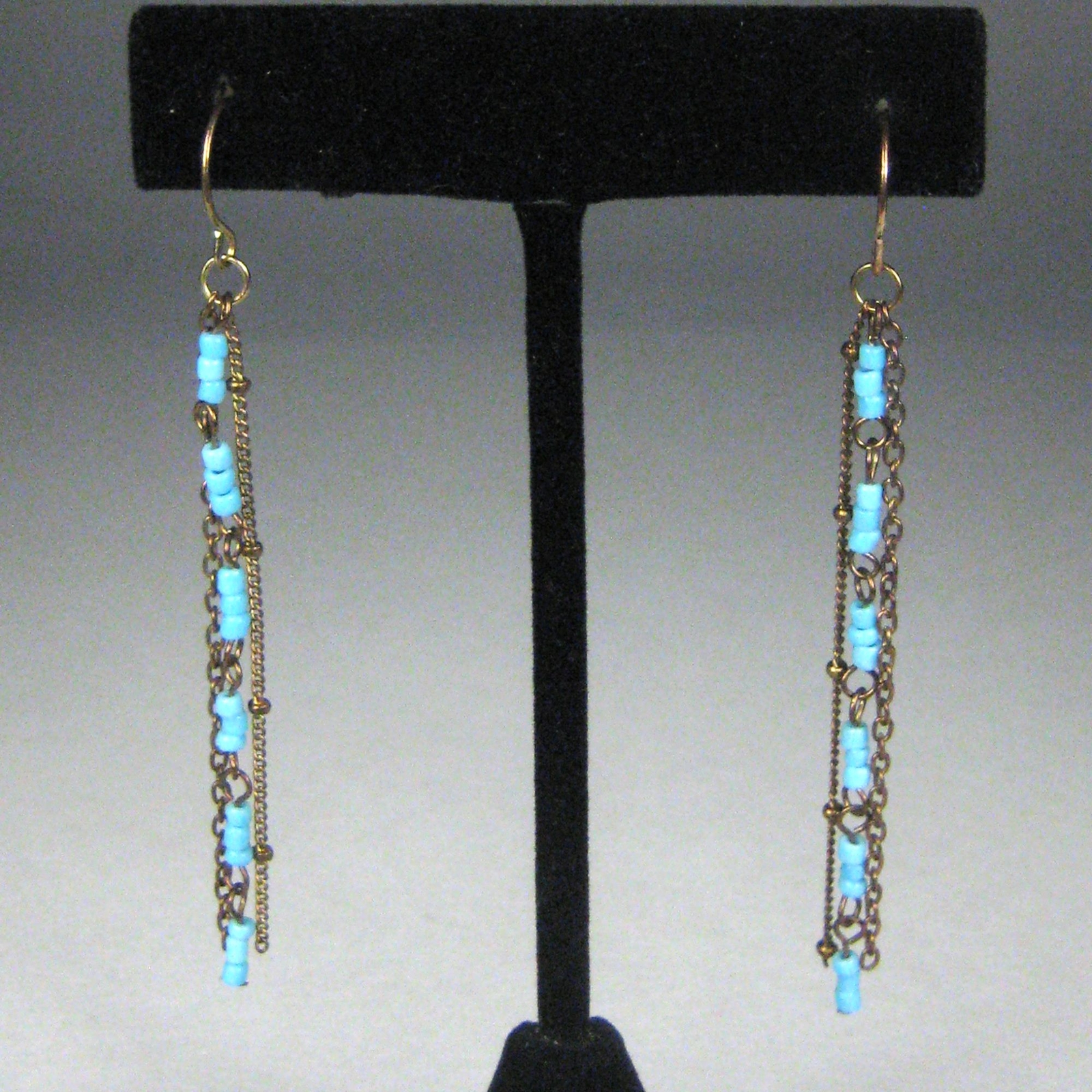 Blue Sead Beaded Dangle Earrings Pierced Copper Color Metal Chain 2.8 in