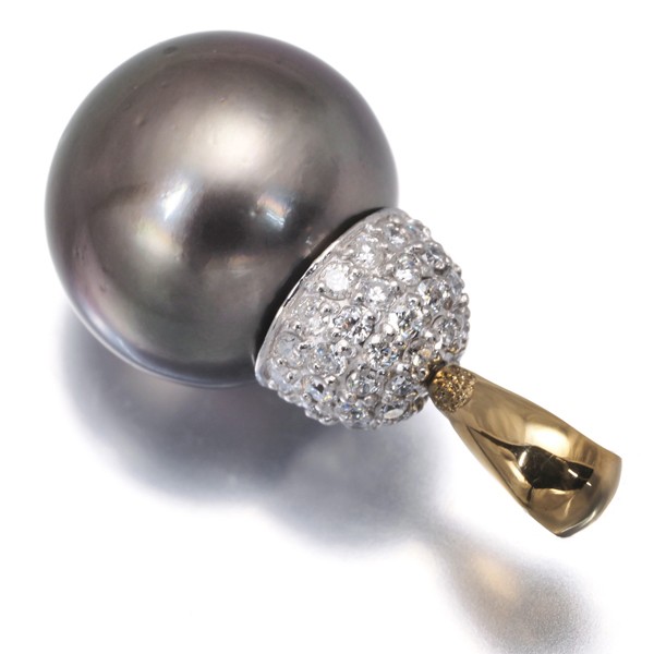 Black South Sea Pearl 14.2mm Diamond 0.60ct Paved Pendant 18K YG/Pt 900