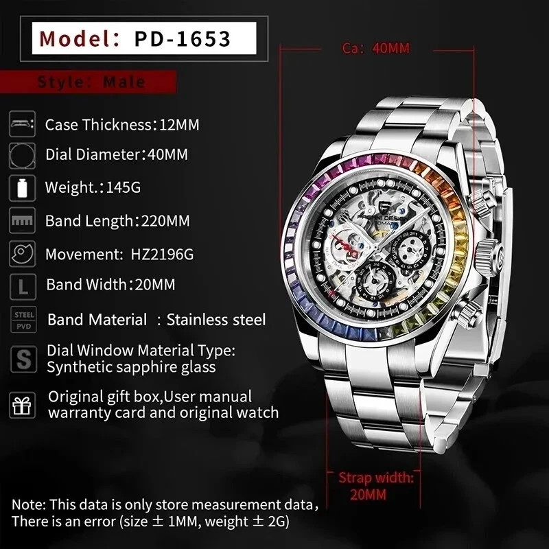 🔥USA🔥PAGANI DESIGN PD-1653 Automatic Watch, Rainbow Circle, Skeleton Oyster