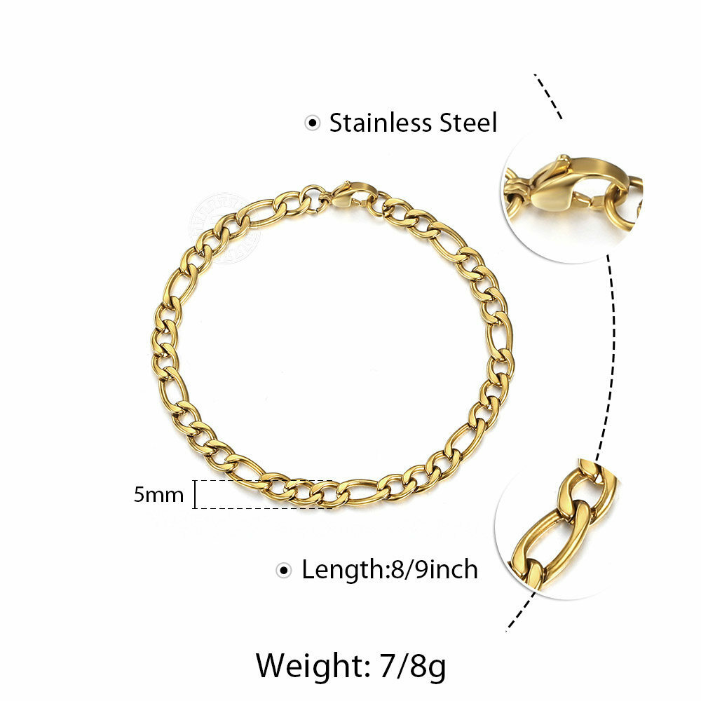 3/5/7/9mm Gold Plated Stainless Steel Figaro Link Chain Bracelet Men Women 7-10″
