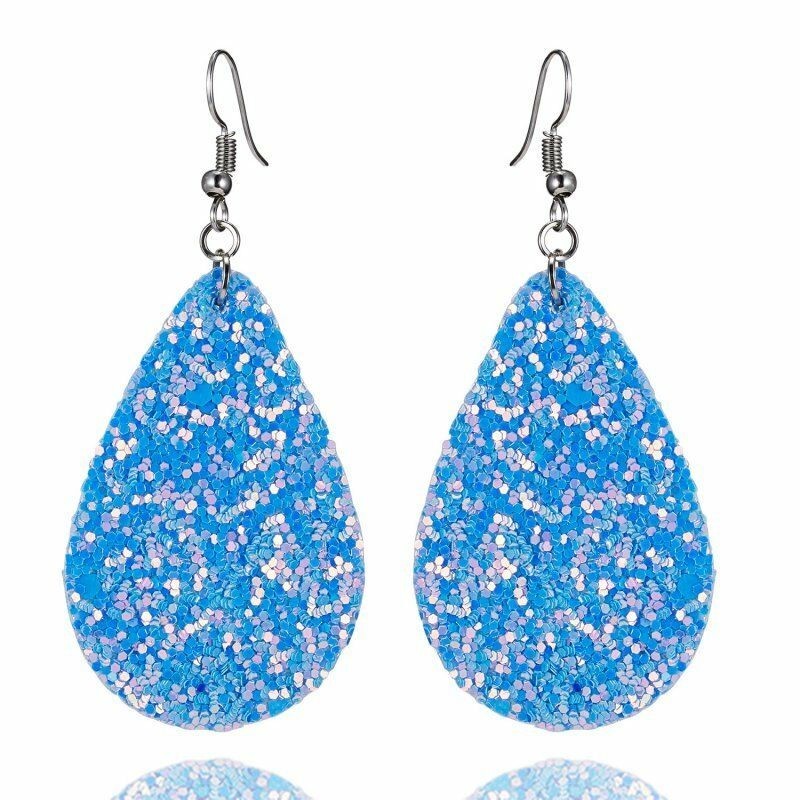 Fashion Jewelry Blue Glitter Faux Leather Fabric Teardrop Hook Dangle Earrings