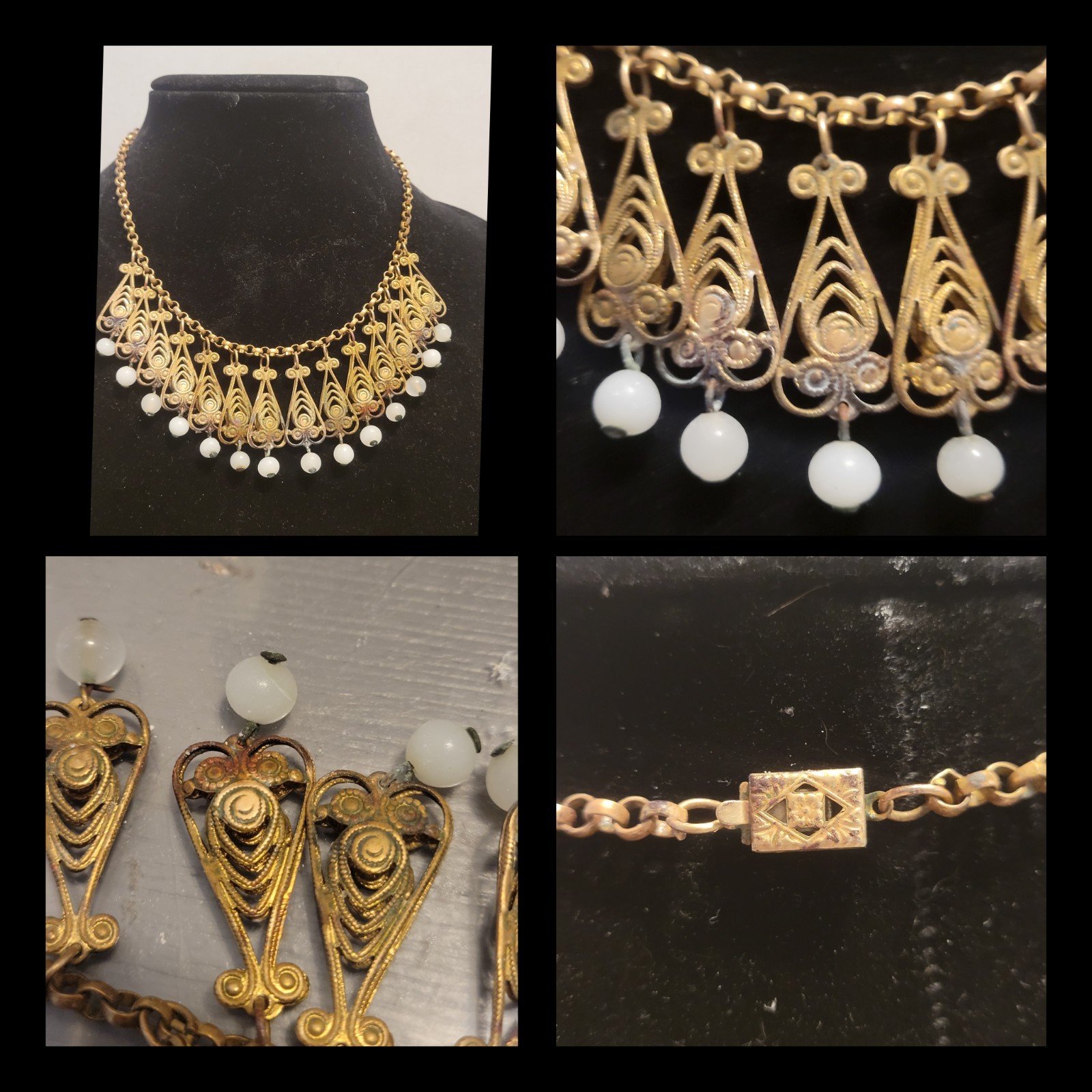 VICTORIAN Brass Filigree Choker Necklace W Dangling Stones Antique Egyptian Rev