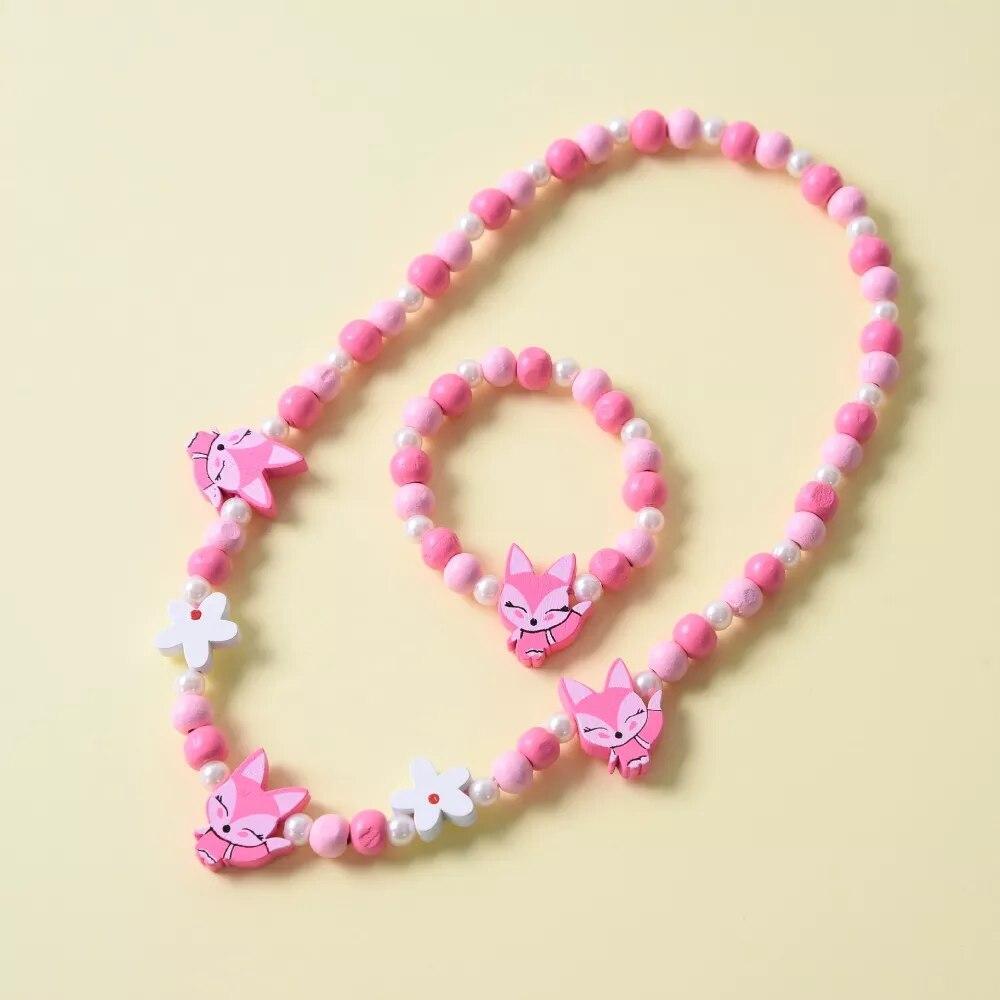 Colorful Wooden Unicorn Flower Animal Child Necklace Bracelet Girls gift Jewelry