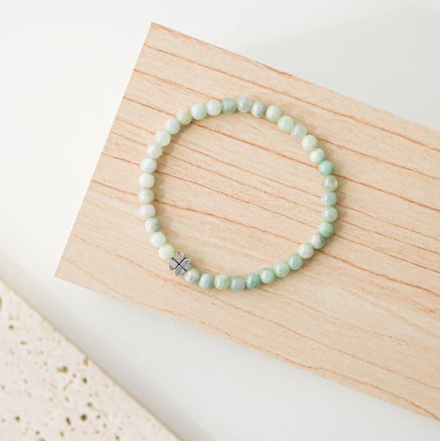 Natural Jadeite Bracelet 4mm 925 Silver Four Leaf Clover Lucky Talisman Beads
