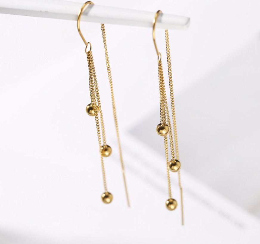 Women Threader Gold Balls Pull Though Earrings Stainless Steel Fashion Drop PE9