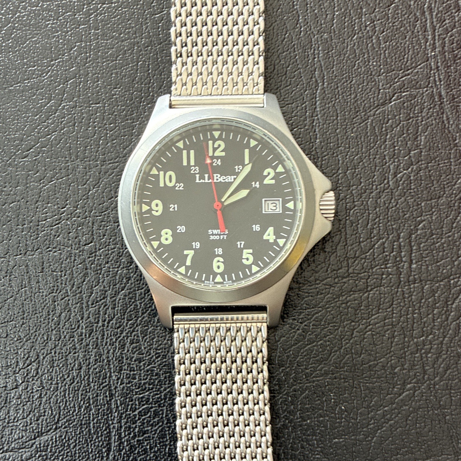 L.L.Bean Swiss Quartz Wristwatch Black Dial Date Silver Stainless Mesh 300ft