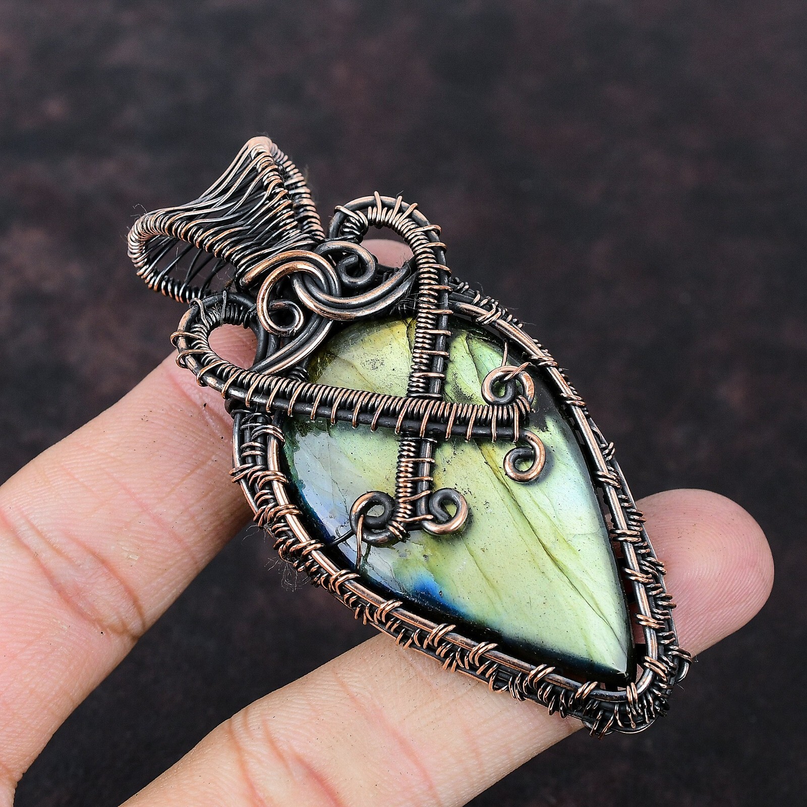 Labradorite Wire Wrapped Pendant Handcrafted Copper Ethnic Gift Jewelry 2.95″