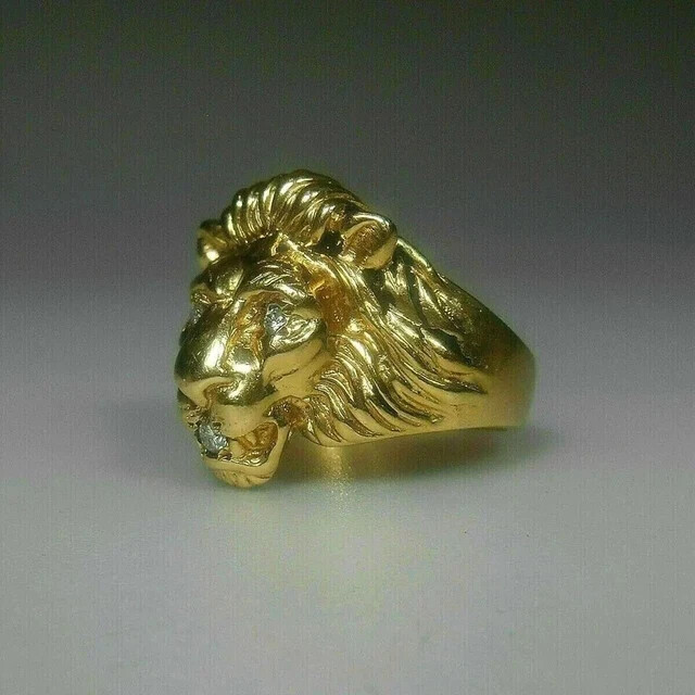 2Ct Round Cut Moissanite Men’s Lion Head Wedding Ring 14K Yellow Gold Plated