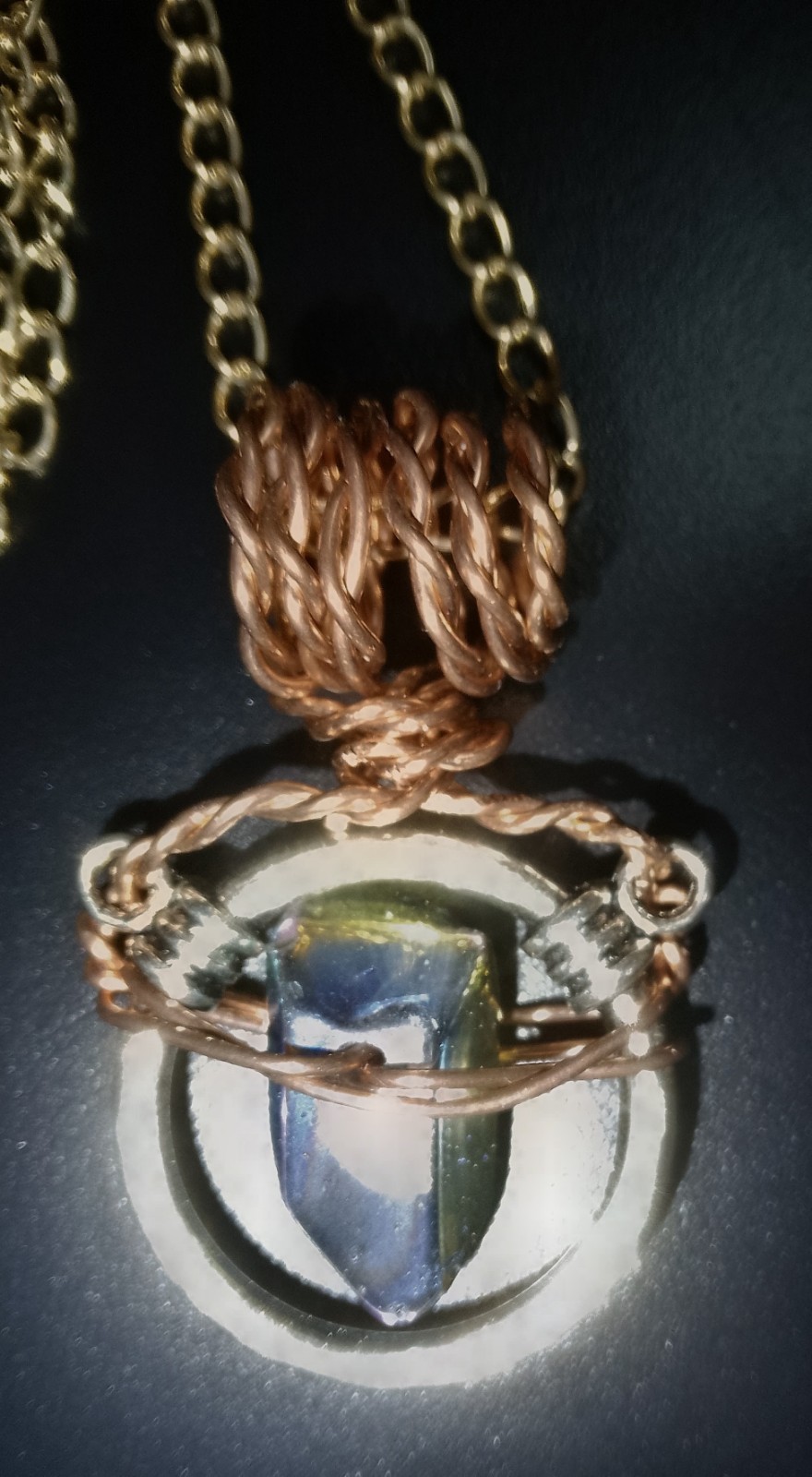 Gold Tone Cable Chain Necklace w/ Wire-Wrapped Hexagon Stone Charm Pendant