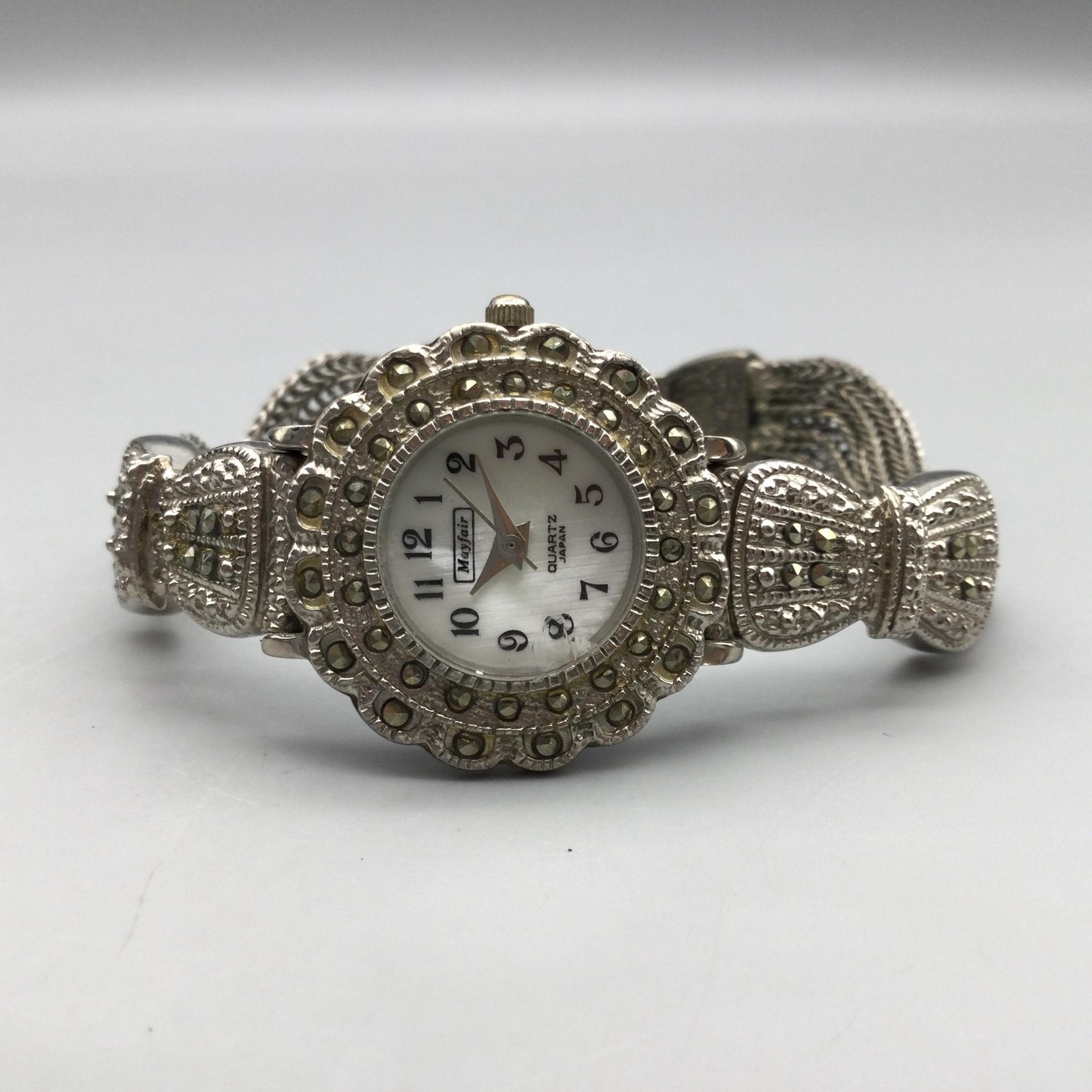 Mayfair Womens Watch 27mm White MOP Dial Silver Tone Marcasite New Battery 7.25″