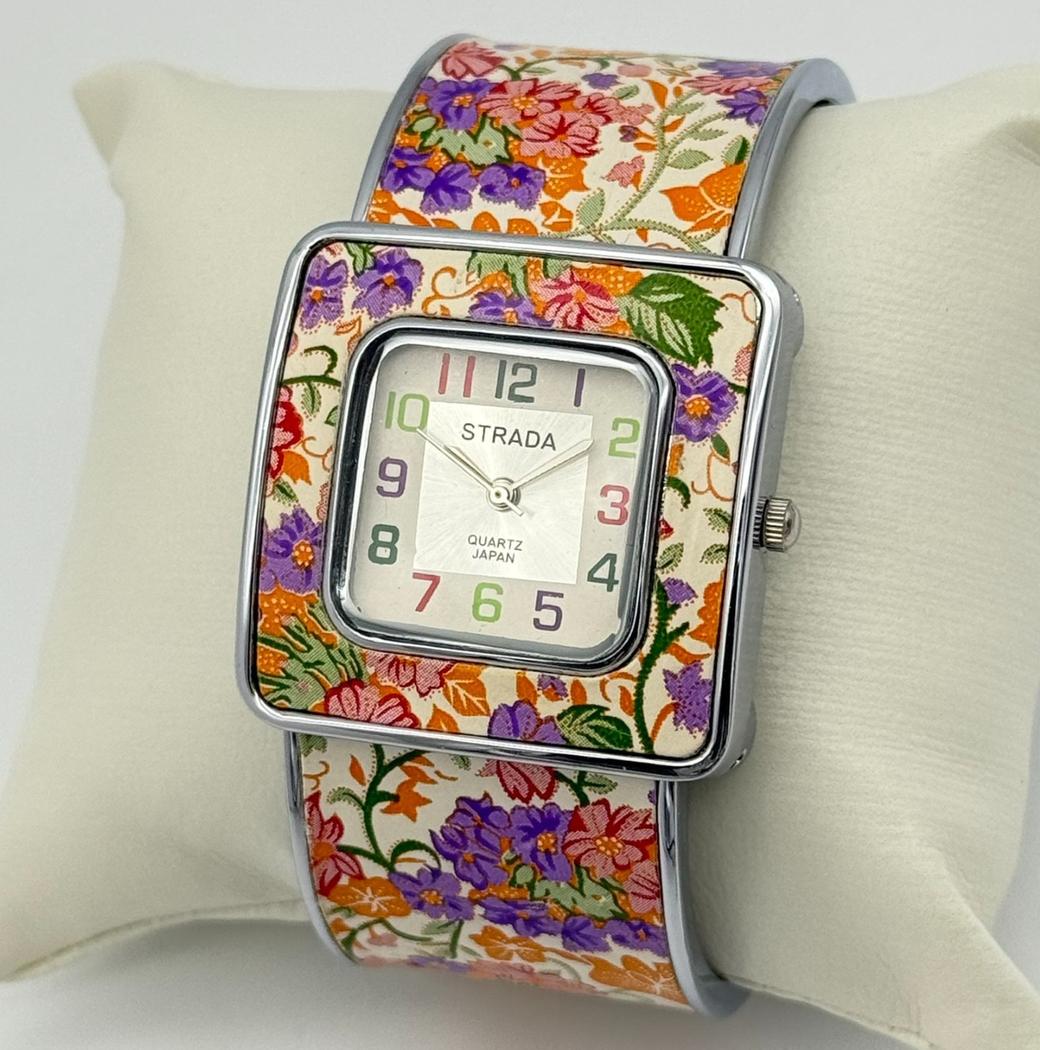 Women’s STRADA Silver Tone Multicolor Floral Bangle Bracelet Watch, Quartz, Runs