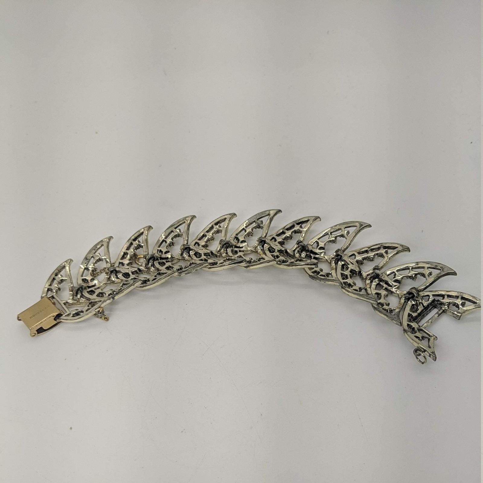 Rousseau Link BRACELET Gold Tone Panels Tail Leaf Fold Over Clasp Safety Chain