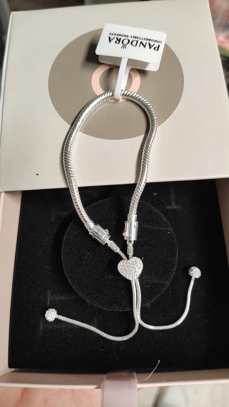 PANDORA Silver Snake Chain Heart Pavé Adjustable Bolo Bracelet Signed