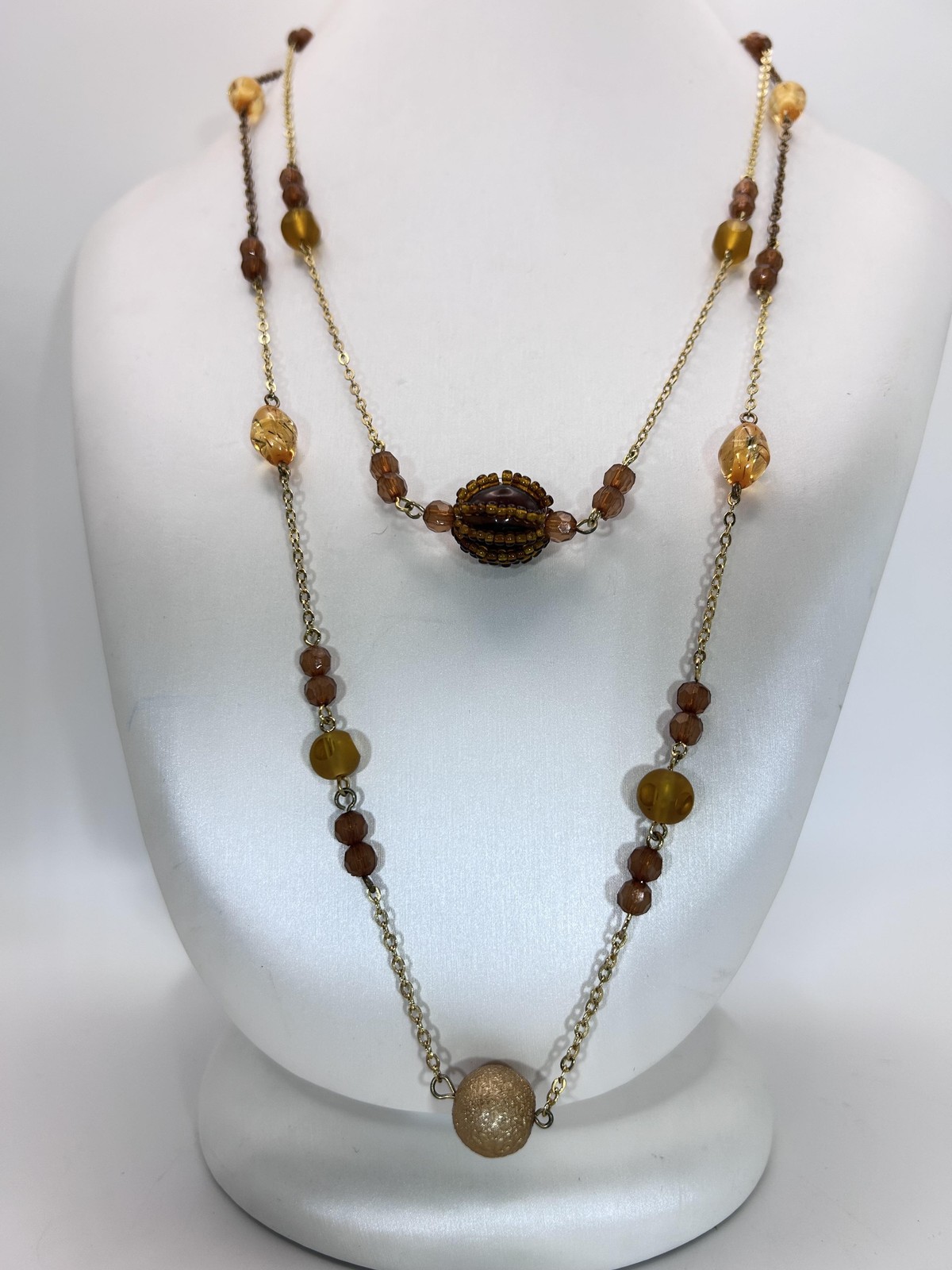 Necklace Gold Tone Brown Beaded Layered Station Chain Lobster Clasp Statement