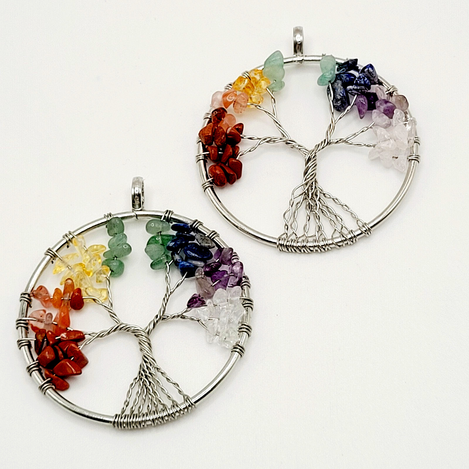 2 Tree of Life Silver Tone Twist Crystal Multi Stone Seven Chakras Round Pendant