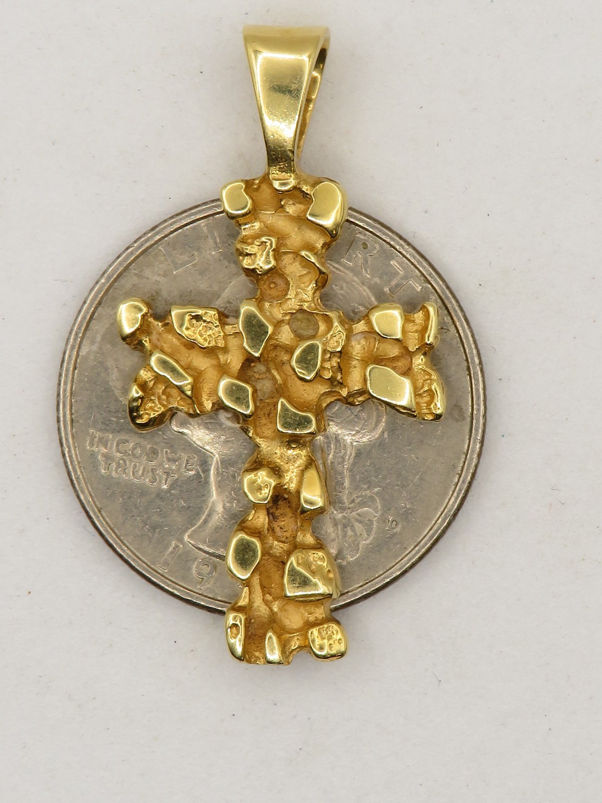 14k YELLOW GOLD CROSS PENDANT – GOLD NUGGET STYLE – 1 3/8″ HIGH *