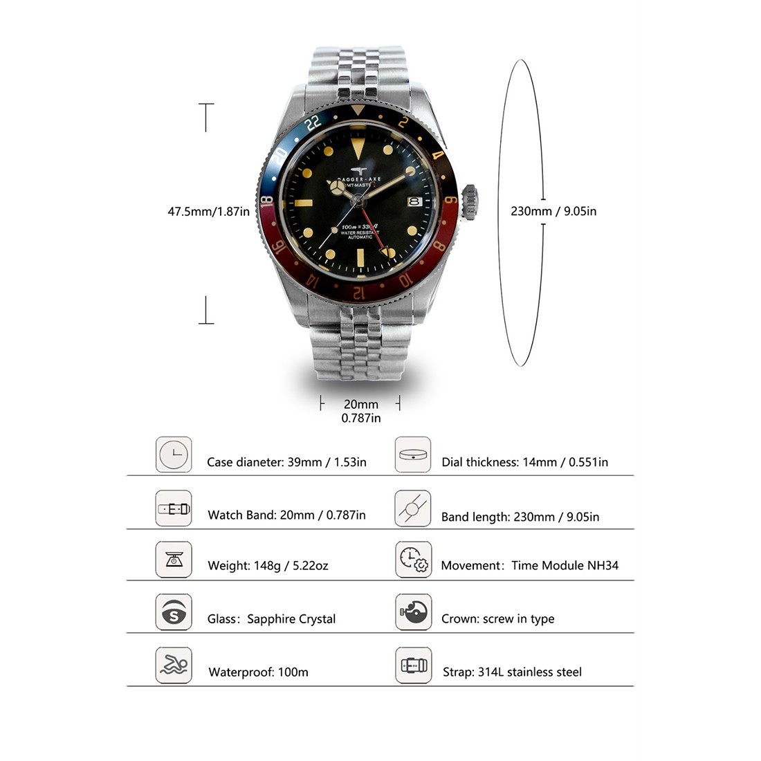 Dagger Axe Voyager Automatic GMT Steel Black Date Red Blue Men’s Watch