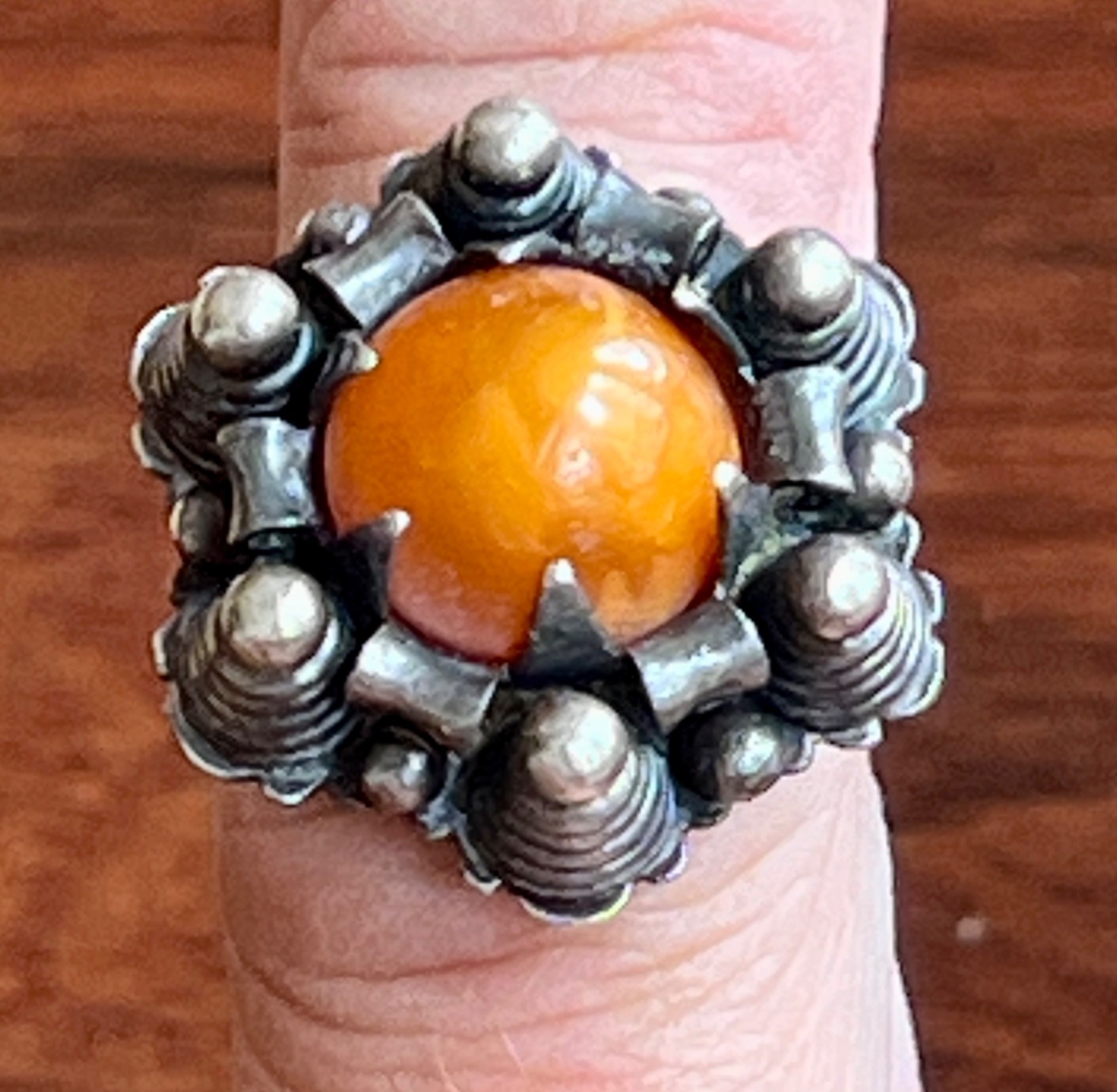 Antique Latvian Silver Amber Ring Unique Design Sz. 8