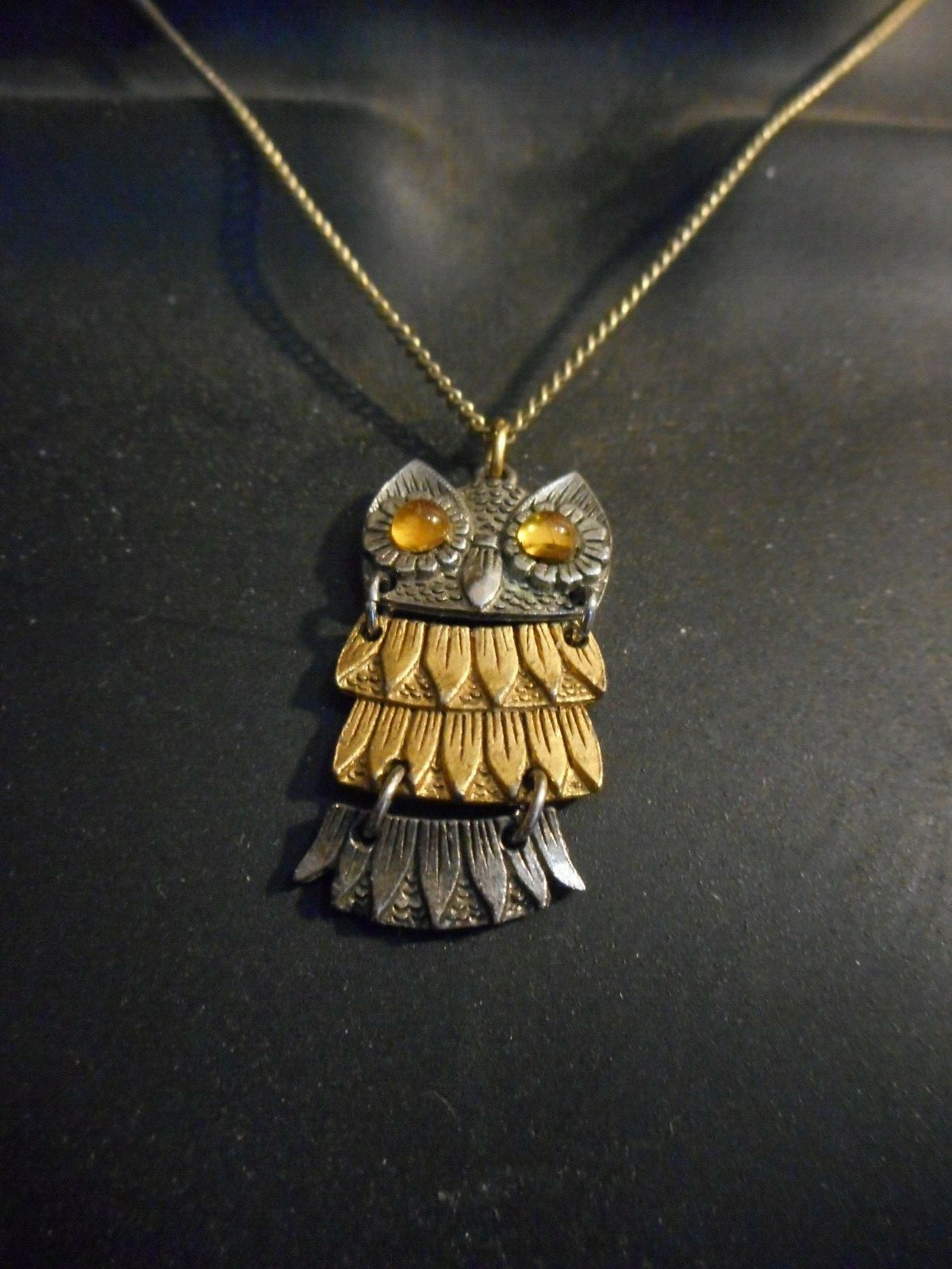 Owl Articulated Pendant Necklace Multi-Color Yellow Eyes- Chain 9 1/8″ L x 3/4″W