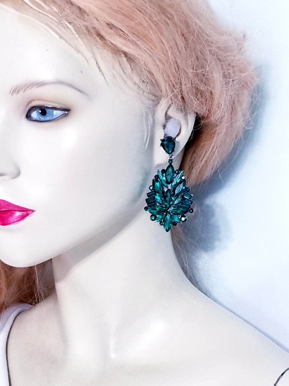 Bridesmaid Drop Dangle Chandelier Earrings 2.8 in Green Rhinestone Pageant Prom