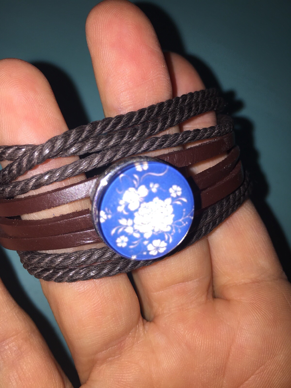 Genuine brown Leather multiple Strand tie Bracelet 18mm snap Button Jewelry