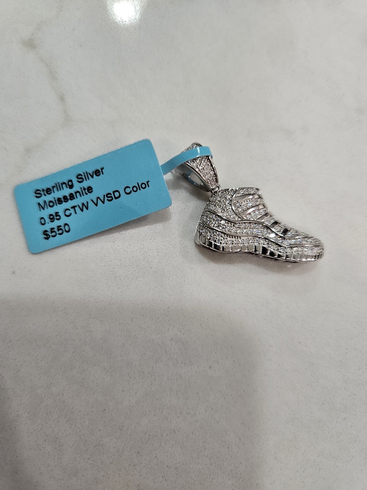 925 Sterling Silver Moissanite Shoe Charm Pendant 24in Figaro Chain Combo Set