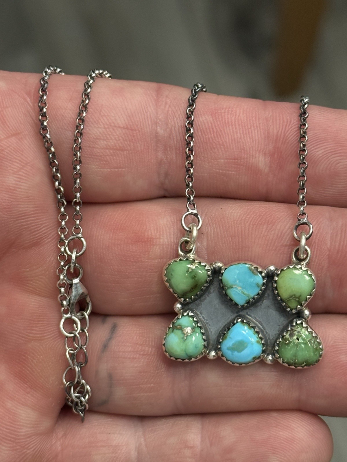 STERLING SILVER SONORAN GOLD TURQUOISE 2 ROW 6 STONE CLUSTER BAR NECKLACE .925