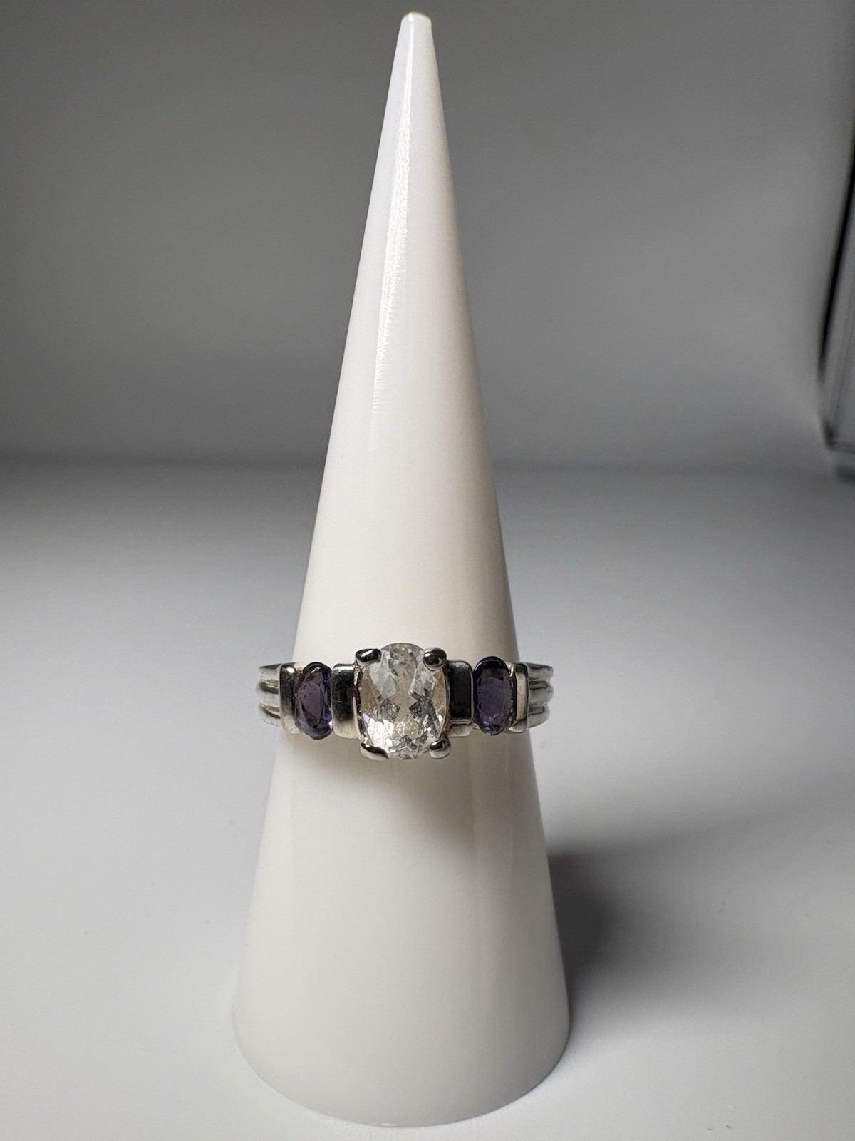 925 Sterling Silver Iolite Ring White Topaz Made In Thailand Size 8