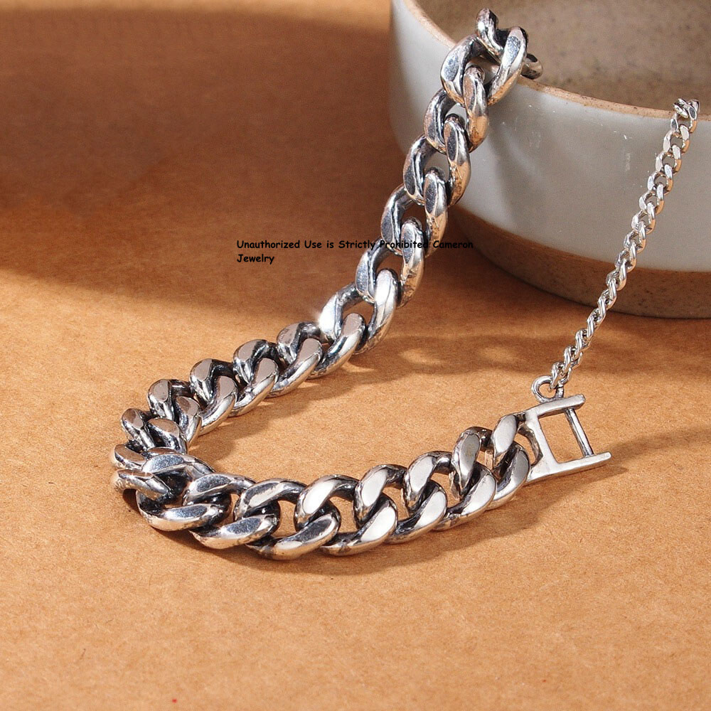 Pure S925 Sterling Silver Chain 8mm Curb Extend Link Bracelet 6.7-8.3inch