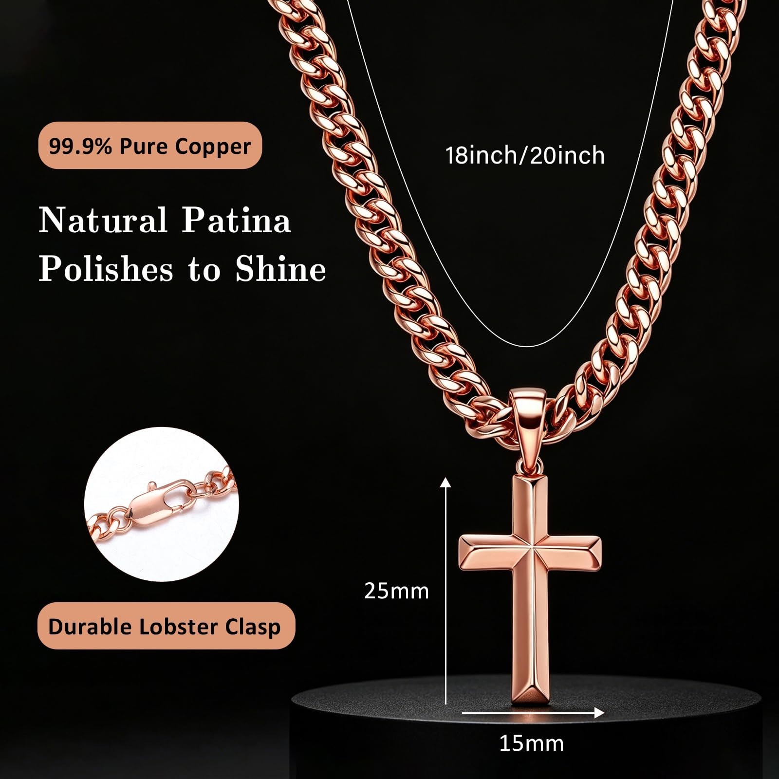 99.9% Pure Copper Cross Necklace – Solid Cuban Link Chain Jewelry for Men & Wome