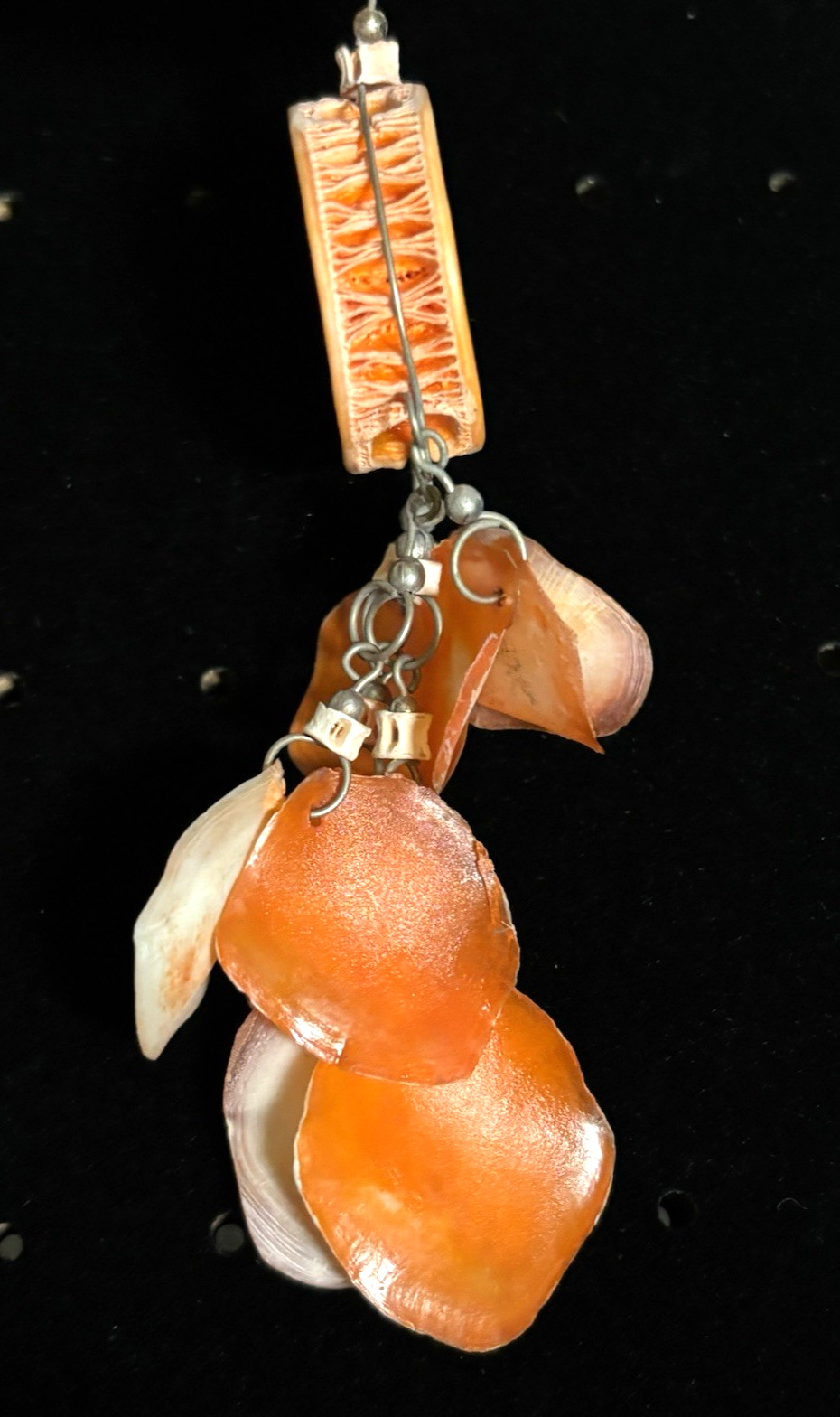 Shell Dangle Disc Fringe Hippie Boho Pink/Orange Silver Tone Earrings 3.75in