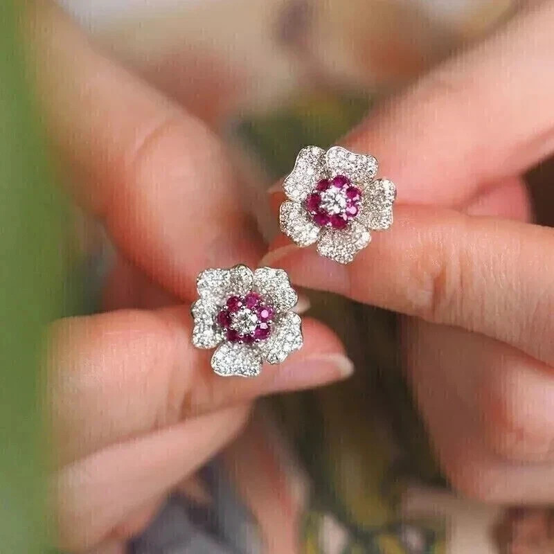 Art Deco Style Ruby & Lab Created Diamond Flower 14k White Gold Finish Earrings
