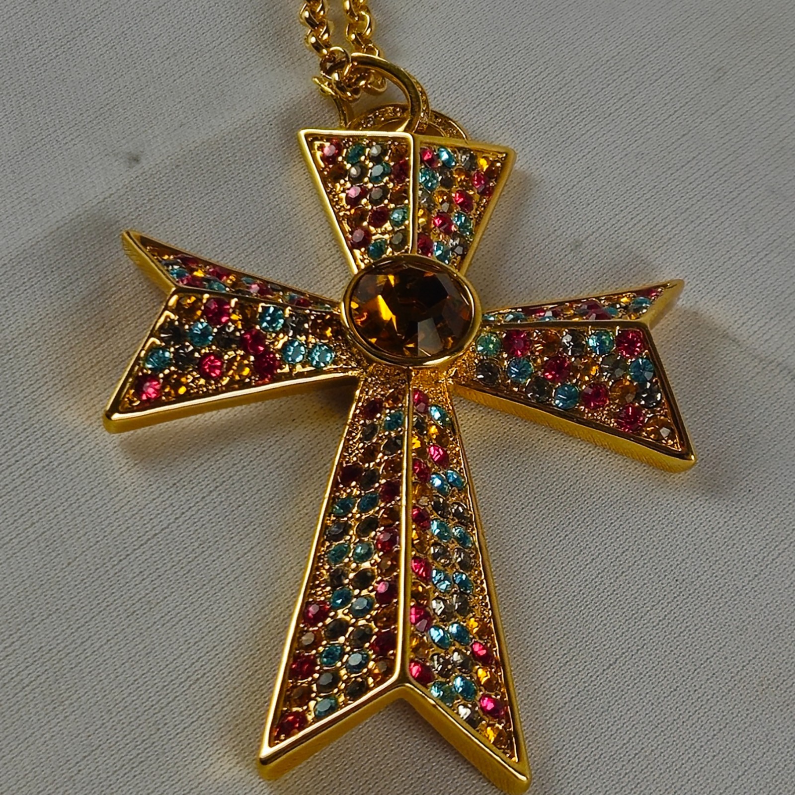 Gold Tone Cross Pendant Necklace Amber Gemstone Religious Christian 50g 18″ Vtg