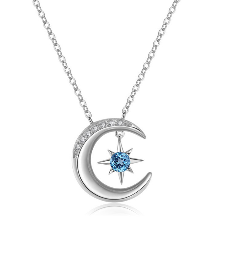 925 Sterling Silver Crescent Moon Star Cubic Zirconia Pendant Necklace Gift H12