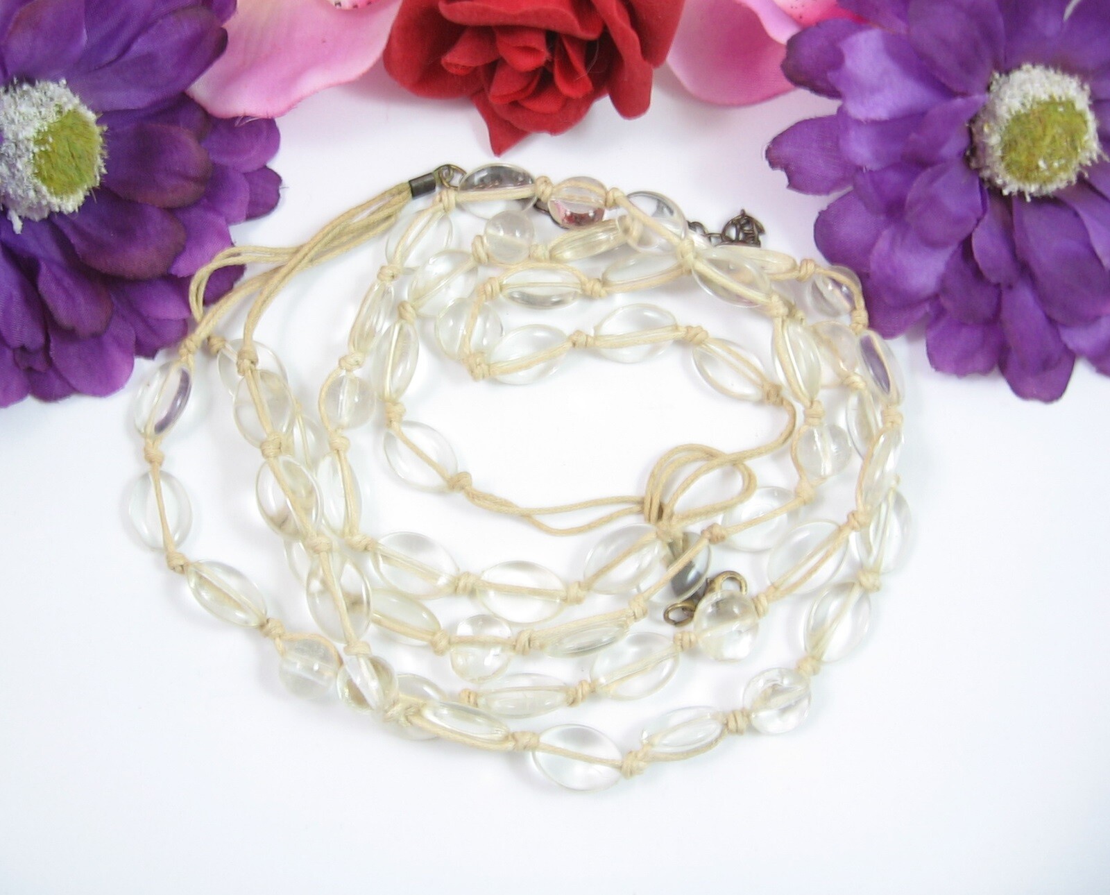 CLEAR GLASS BEAD Necklace Vintage 3 TRIPLE Strand Oval Round Beaded String 22″