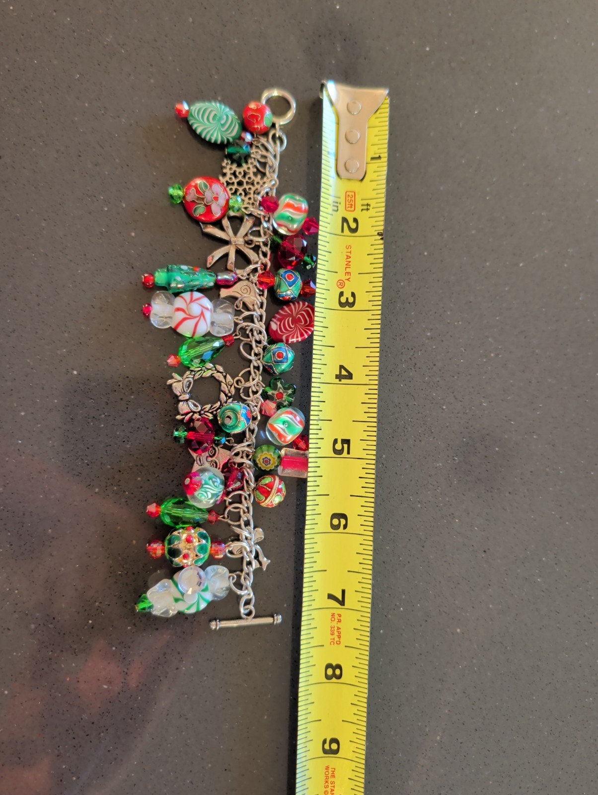 Multicolor Lampwork Art Glass Cloissone Charm Bracelet Silver Tone 7″ Loaded T5