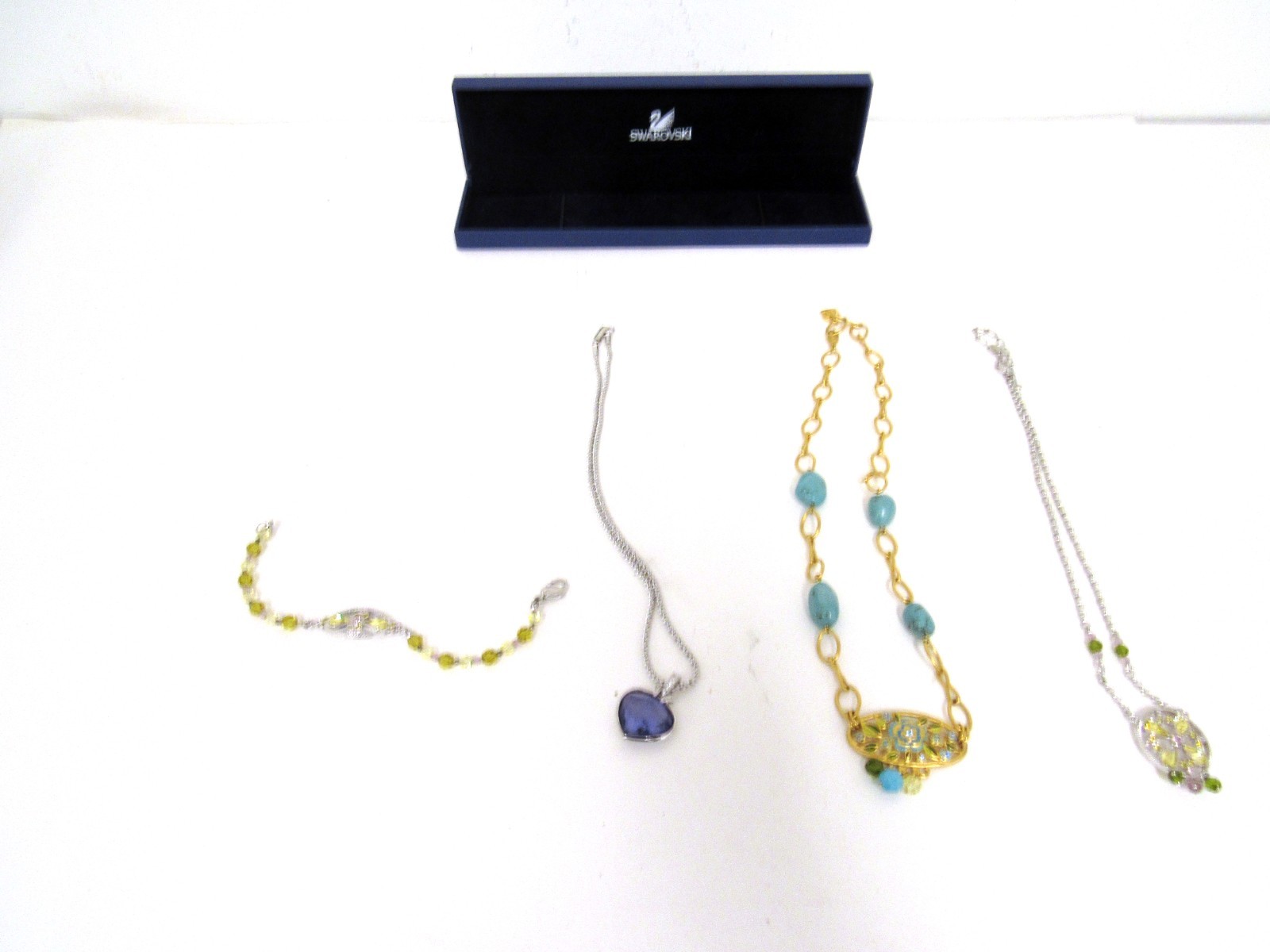 4 pieces Swarovski Crystal Costume Jewelry 1 Bracelet and 3 Necklaces Plus Box