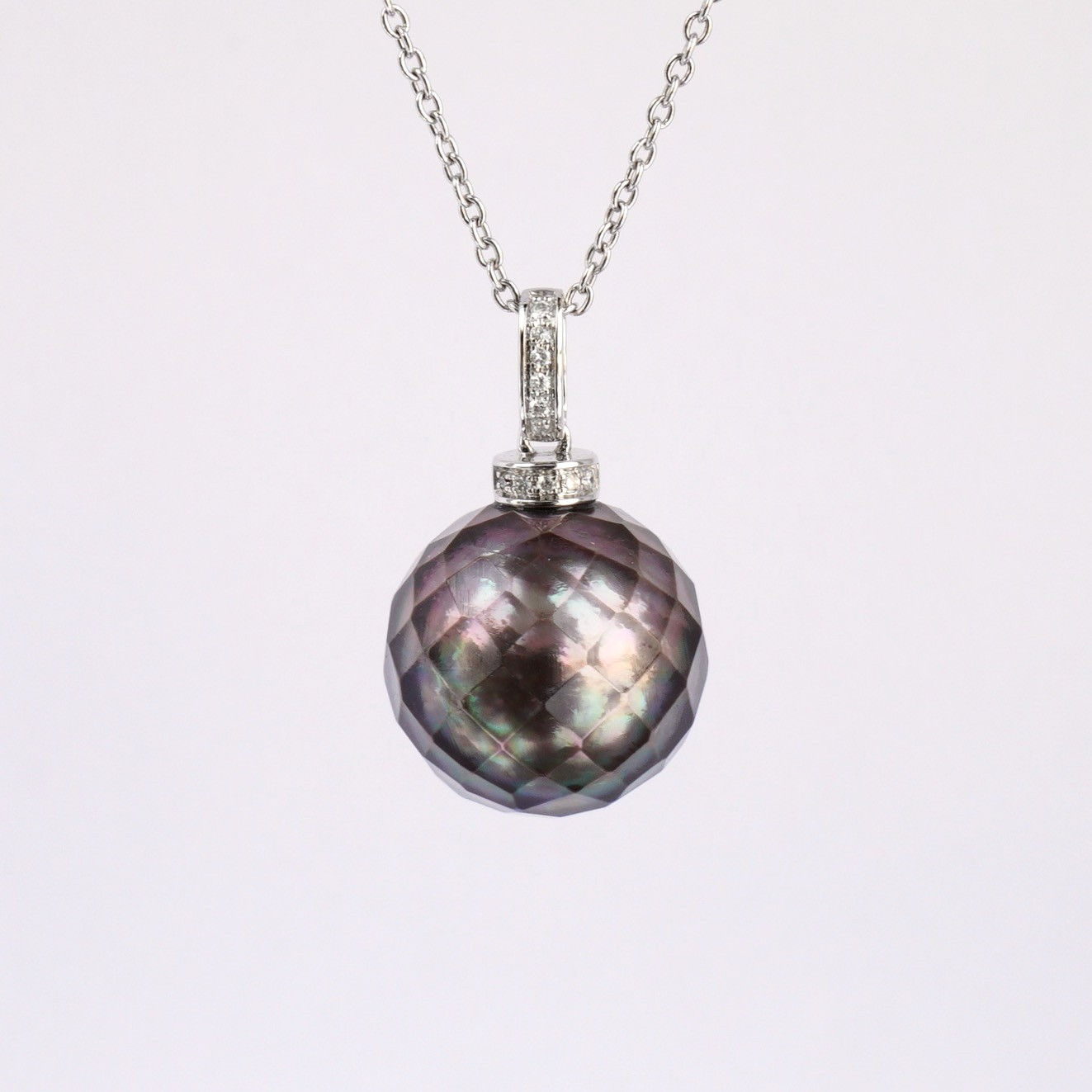 Faceted 13.7mm Pigeon-Gray Round Tahitian Pearl Pendant, 18K White Gold & Dia.