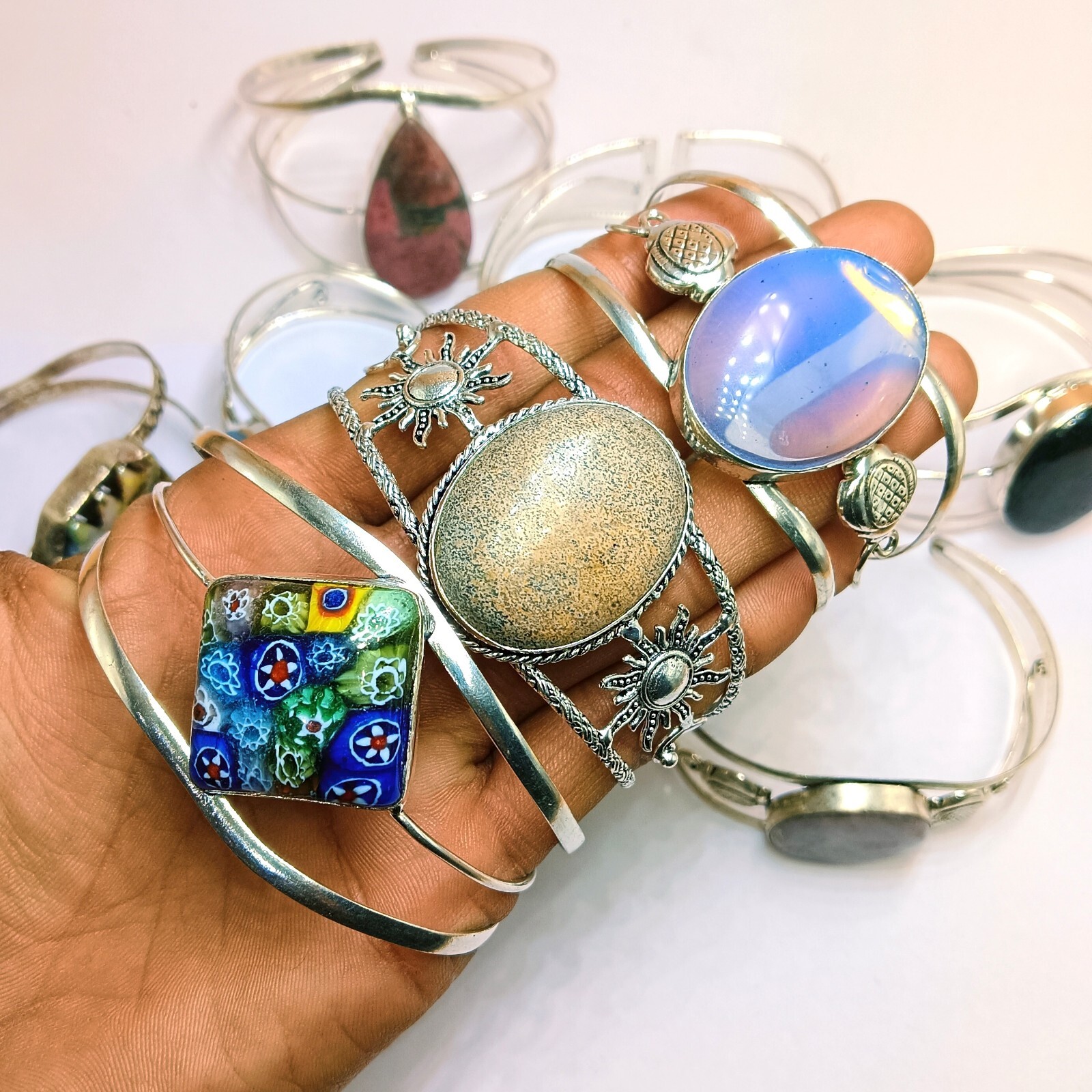 Bulk ! Millefiori & Big Mix Gemstone 925 Silver Plated Bangle Wholesale Lot 10pc