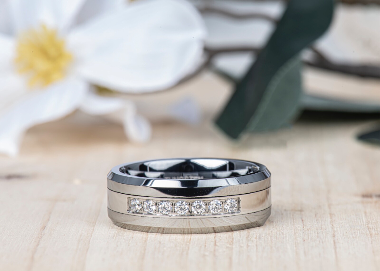 Mens Wedding Ring Tungsten Ring Gemstone Inlay Beveled Edges Tungsten Band