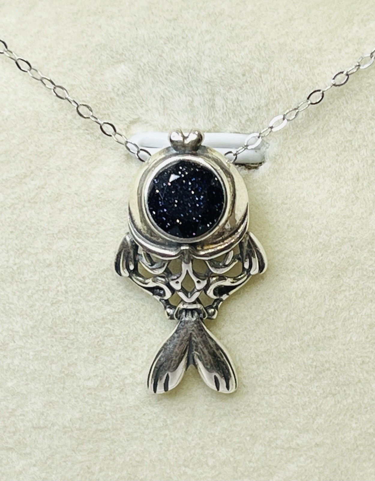 925 Sterling Silver Midnight Blue Sandstone Koi Gold Fish Pendant Necklace