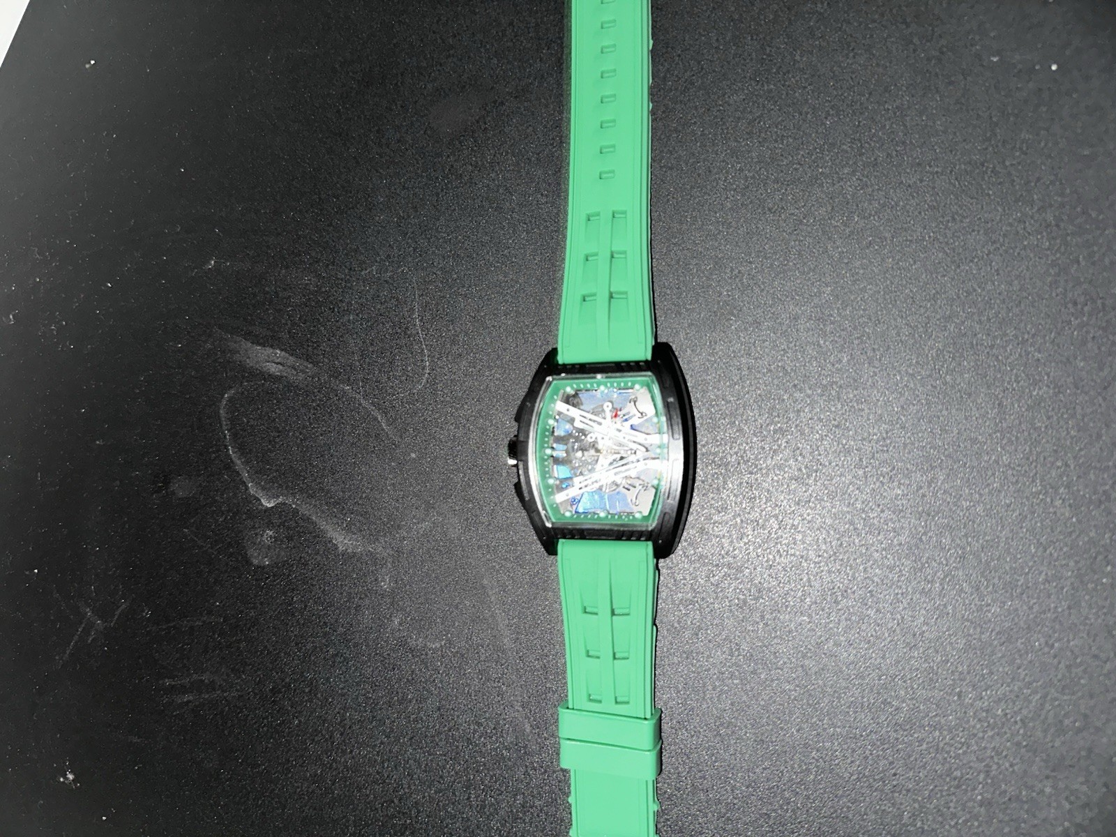 Tonneau Analog Wristwatch Black Case/Bezel Green Rubber Strap Arabic Dial