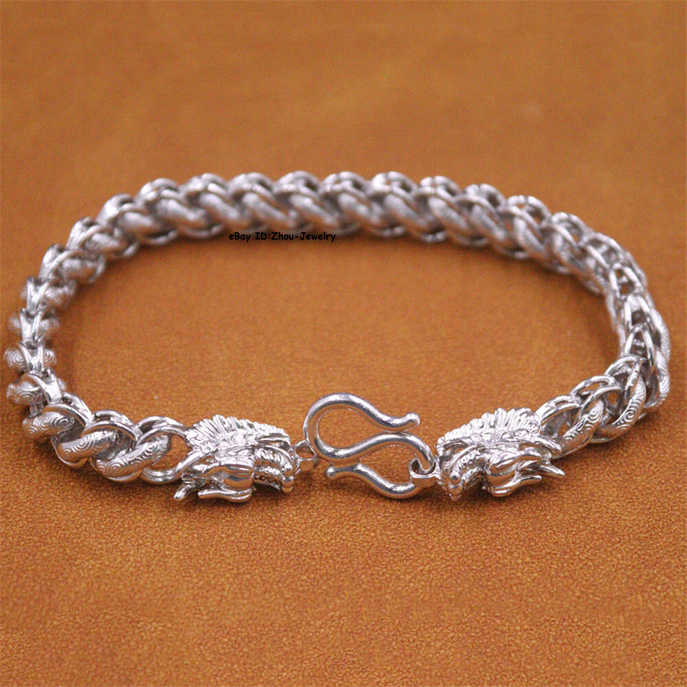 Pure S999 Fine Silver 999 Chain Curb Link Dragon Head Bracelet 27-28g 8.26inch