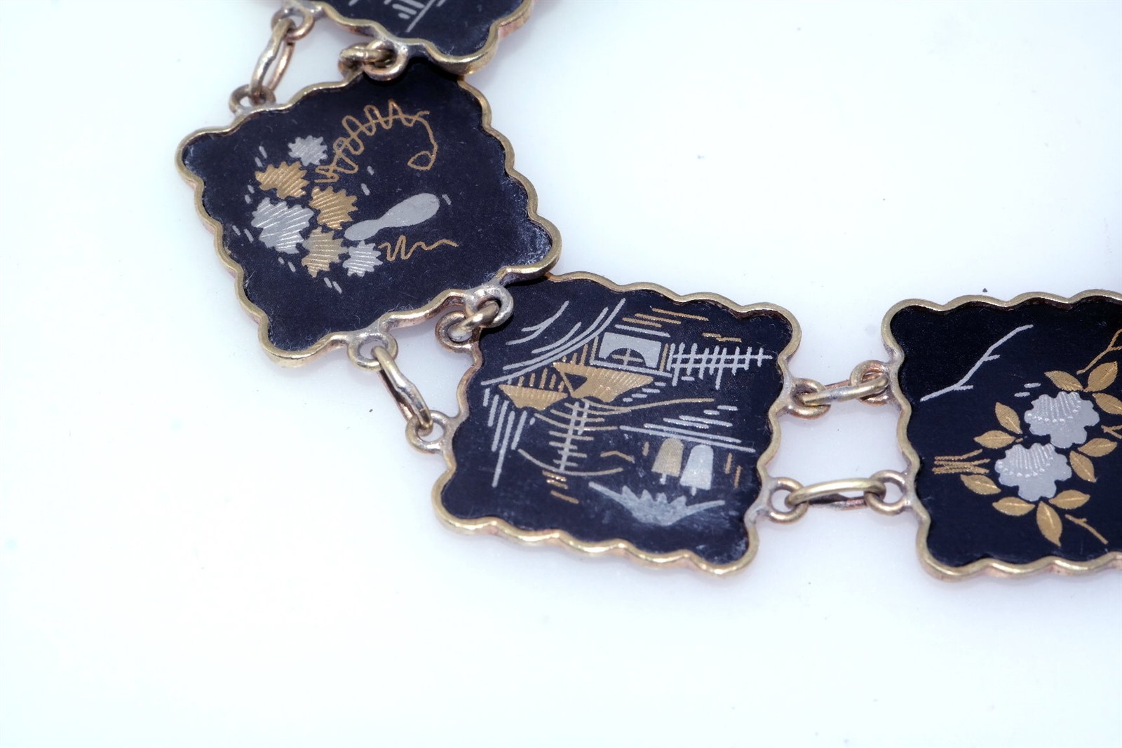Vtg Japanese Damascene Shakudo Panel Bracelet plus Earrings