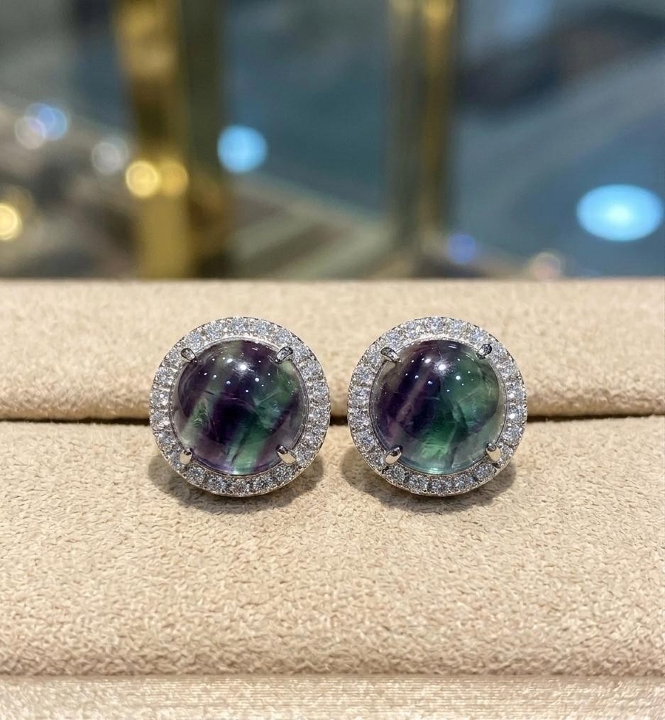 Natural fluorite Stone Stud Earrings 925 Sterling Silver Gift For her.