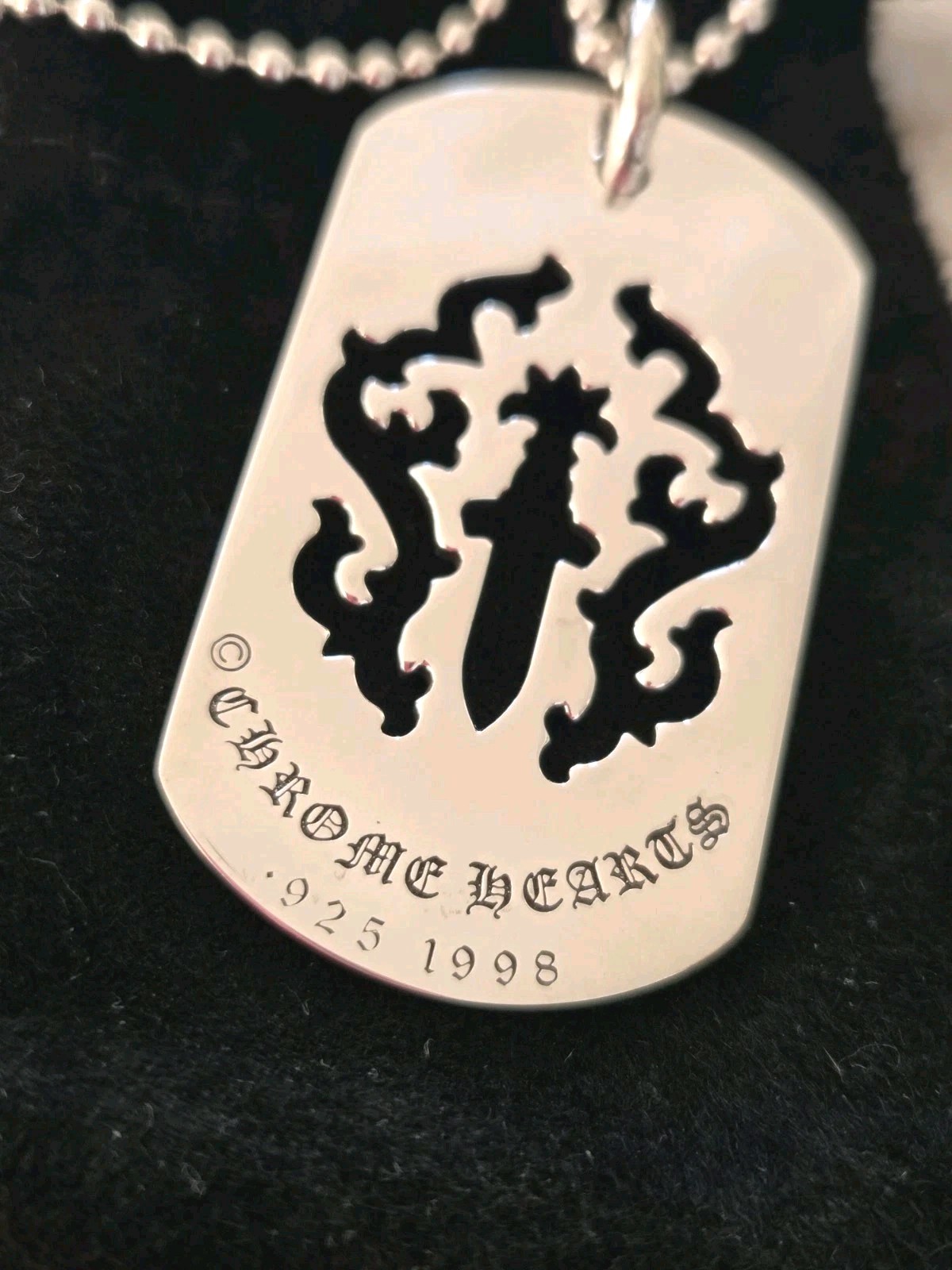 Chrome Hearts CH Silver Large Chicken Nugget Dog Tag w/ Ball chain Necklace