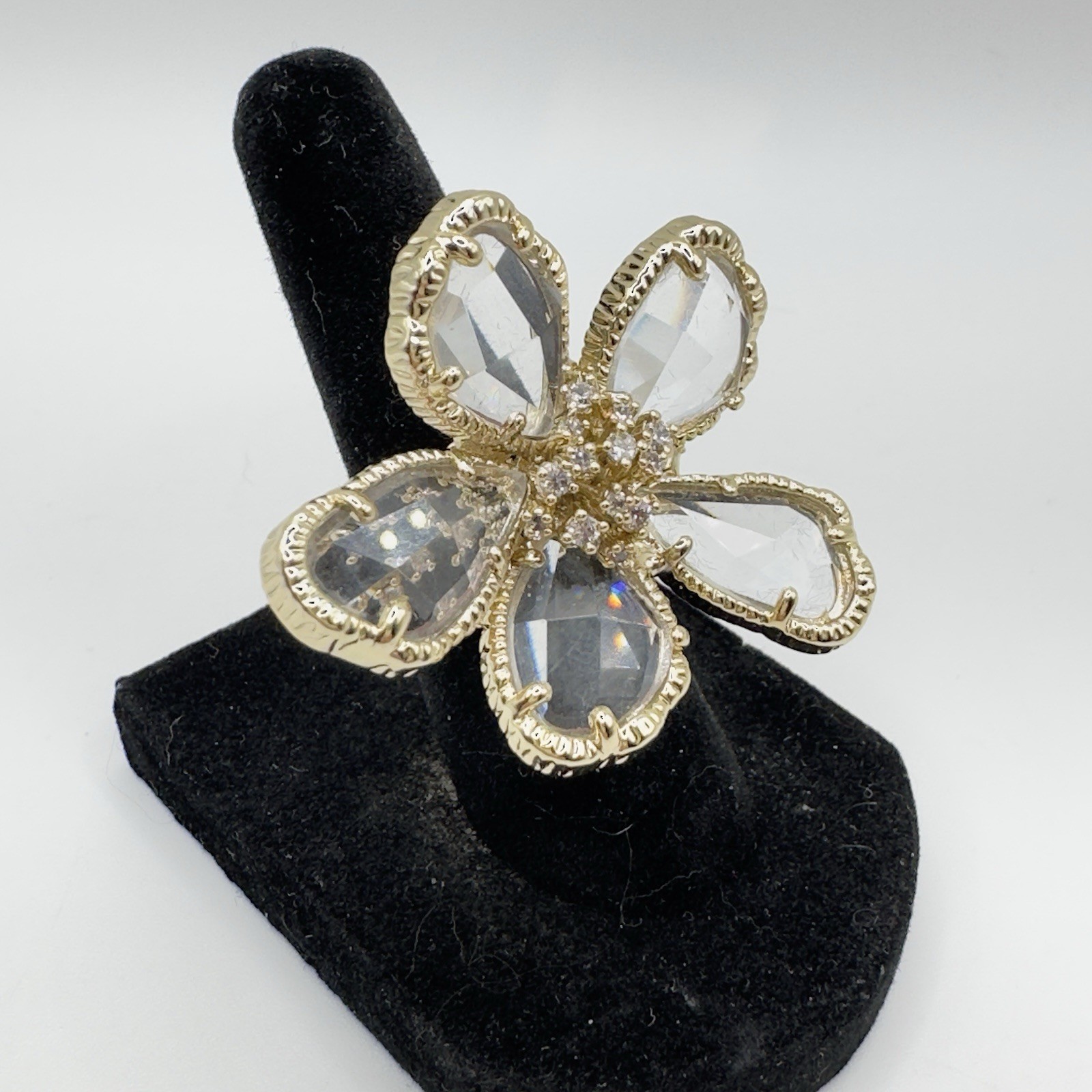 Joan Boyce Crystal Flower Ring Gold Tone Statement Cocktail Ring 1.5″ Size 5.5