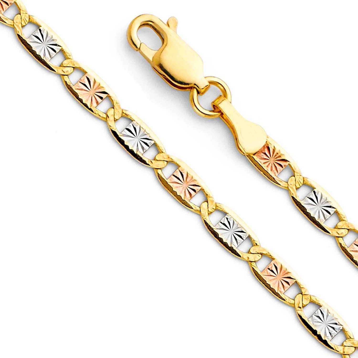 14K Solid TriColor Gold Valentino Star Chain 1.5-6mm Men Women Necklace Italy