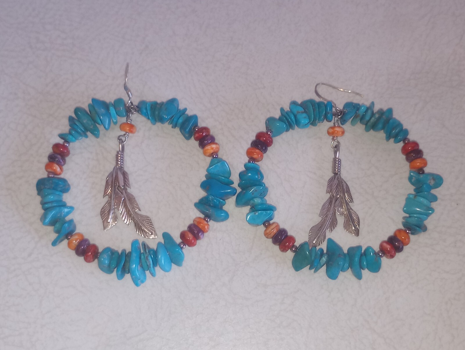Navajo Running Bear Stamped .925 Silver & Turquoise 2 1/2″ Hoop Earrings